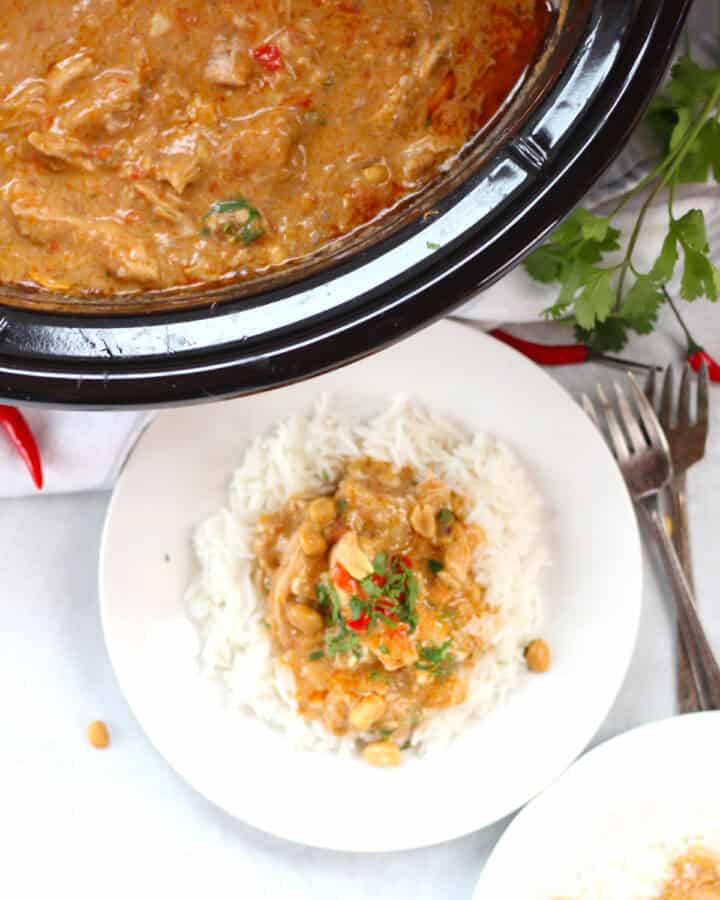 Curry served with rice on two plates.