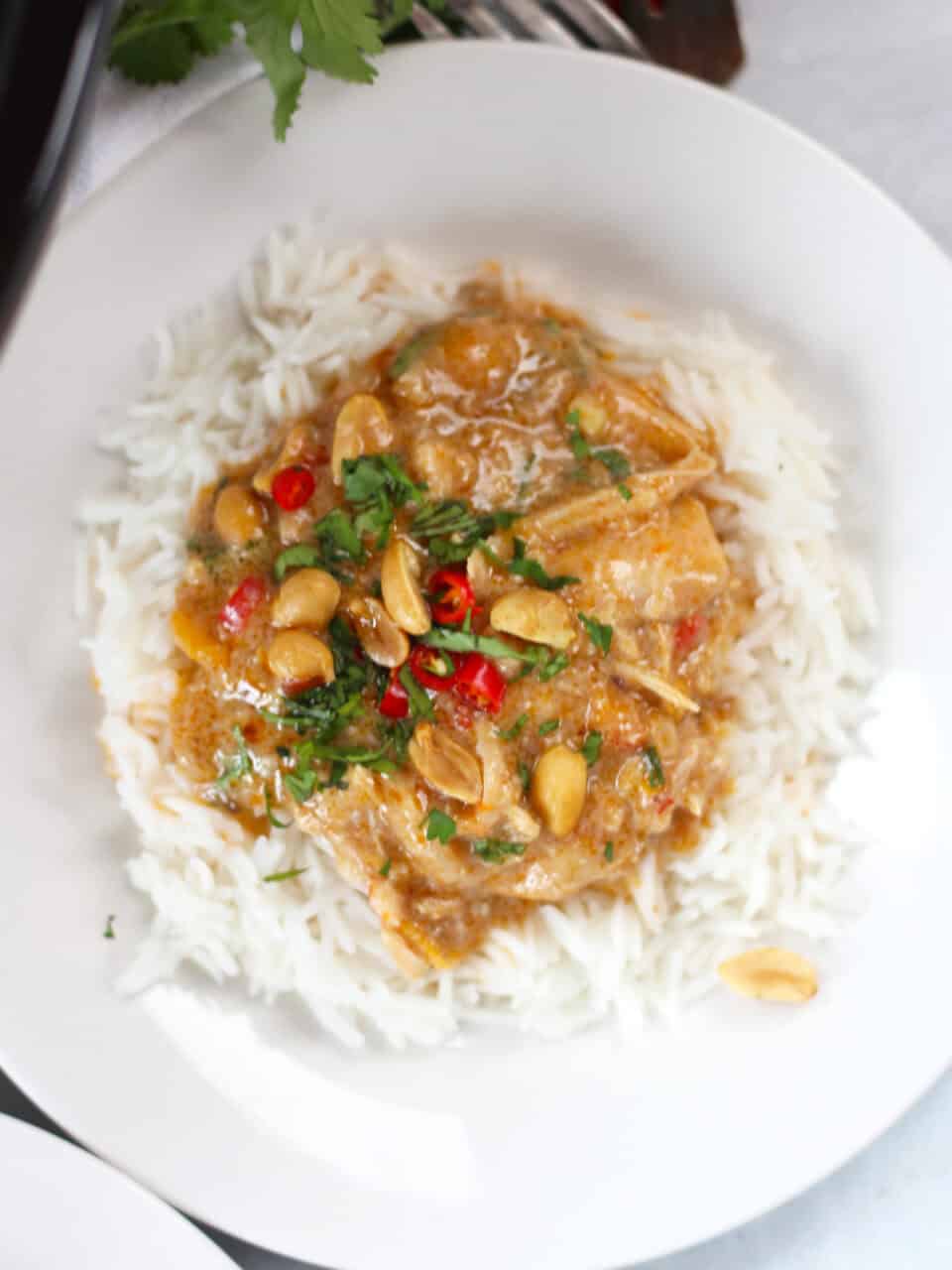 Chicken curry served on rice with cilantro, peanut and red chili garnish.