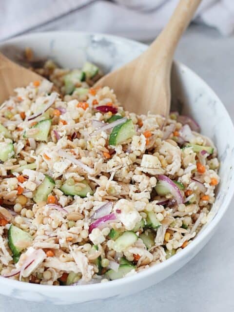 Pearl couscous salad with cucumber, feta, red onions and shredded chicken.