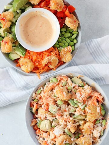 Two crispy sweet chili shrimp rice bowls before and after being mixed.