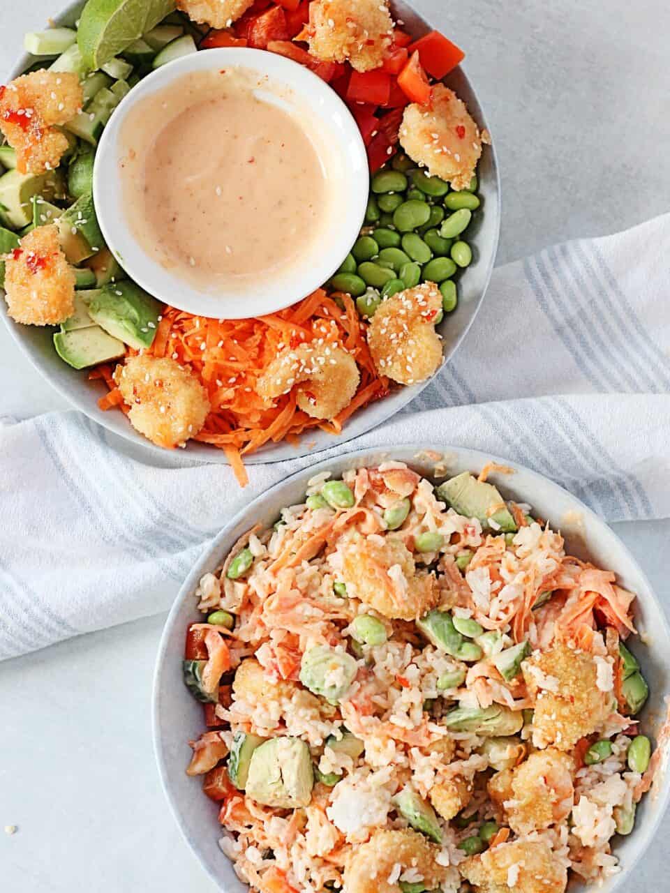 Two crispy sweet chili shrimp rice bowls before and after being mixed.