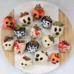 Decorated Halloween chocolate covered strawberries.